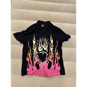 Ed Hardy Camp Shirt Mens Large Pink Flames Heart Rockabilly Button Up Camp Shirt